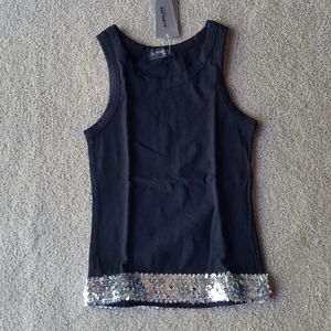 Black Sequin Hem Fitted Cotton Tank Top from London NWT